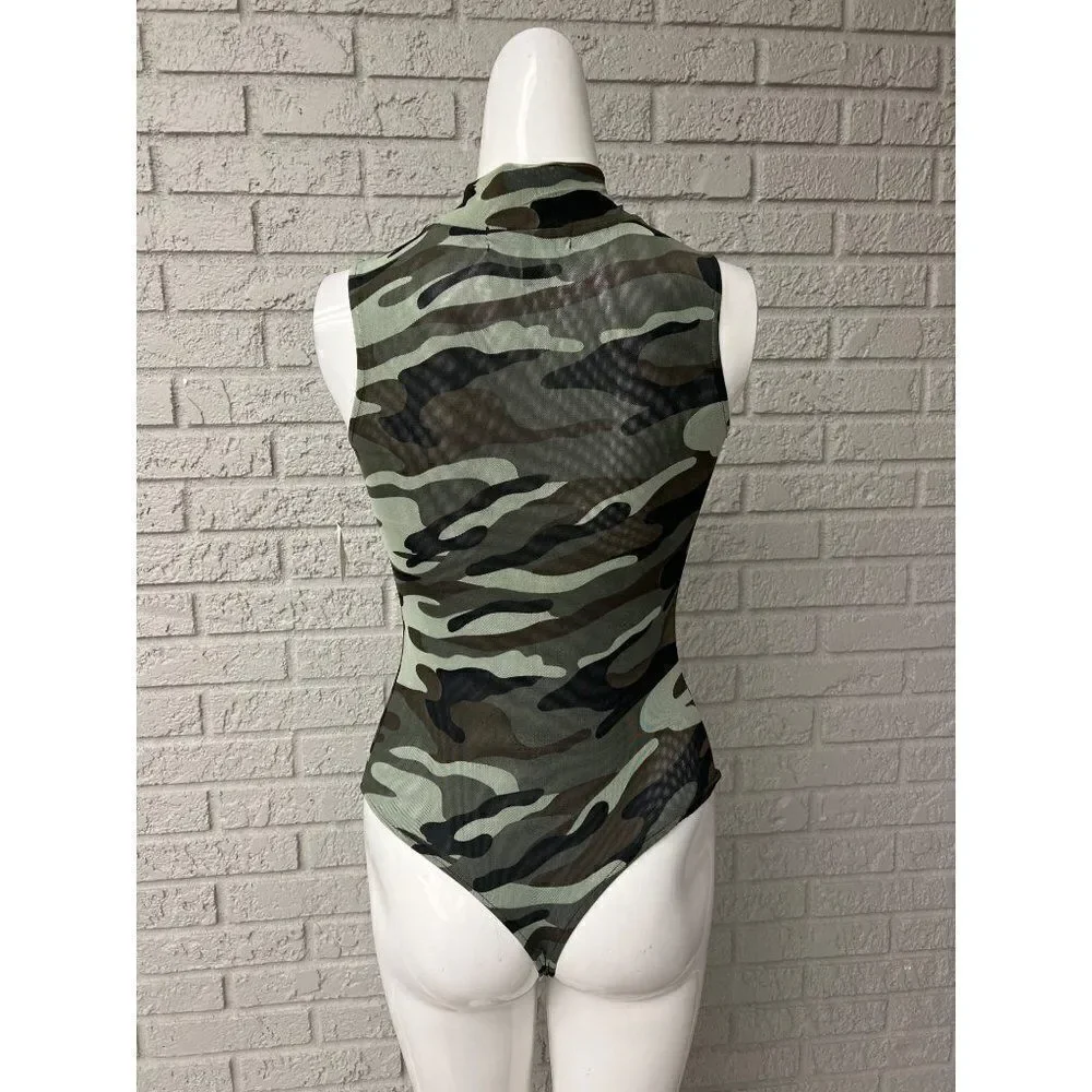Derek Heart Women High Neck Mesh Camo Bodysuit Size S